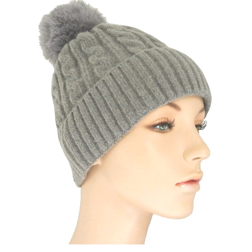 cable knit beanie with pompom