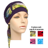 purple cap + 4 scarves