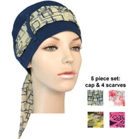 navy cap + 4 scarves