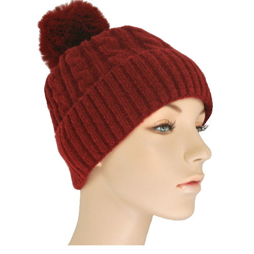 cable knit beanie with pompom